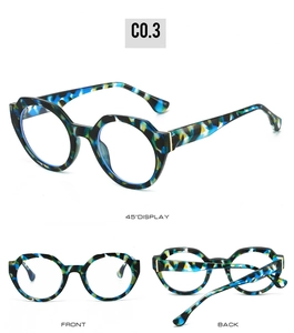Detailed views of round acetate glasses frames with blue yellow and black tortoiseshell texture