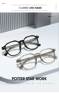 Macro detail of retro square eyeglasses frames in black and translucent grey finishes