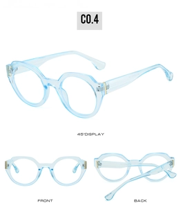 Three-view detail of light blue transparent geometric sunglasses with modern round frames