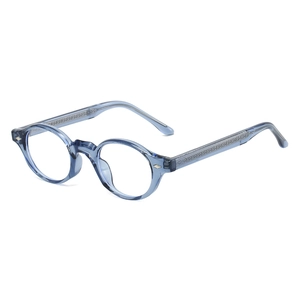 Retro TR90 round blue light blocking glasses in translucent grey-blue with metal core