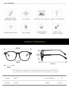 Detailed size chart for retro square TR frames showing frame width and lens height