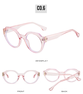 Detailed views of light pink round frame sunglasses showing front, back, and 45 degree angle