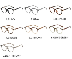 Flat lay of retro square anti-blue light glasses in seven stylish colors with metal hinges