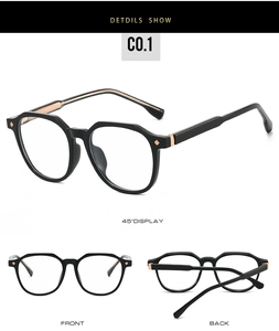 Detail view showing black geometric square frames with anti-blue light lenses and metal accents
