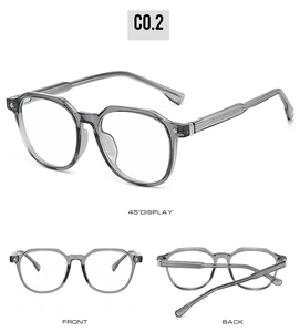 Detailed views of grey geometric square frames with anti-blue light clear lenses