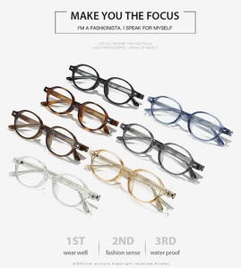 Macro shot of stylish TR90 round frame eyeglasses showcasing multiple color options