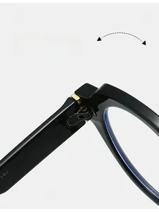 Macro shot of durable metal hinges on trendy thick-frame sunglasses with high-gloss finish
