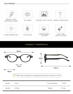 Size chart for TR90 round frame blue light glasses with precise physical measurements