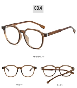 Detailed views of vintage brown translucent square frames with silver metal rivets