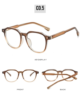 Three-view display of vintage amber square glasses frames with metal hinge details