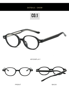 Detailed views showing front, back and 45-degree angle of black round TR90 glasses
