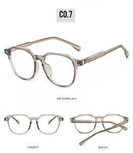 Three-view display of clear tea square eyeglass frames showing front and back angles