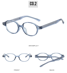 Detailed multi-angle views of TR90 blue round frames with silver diamond rivets
