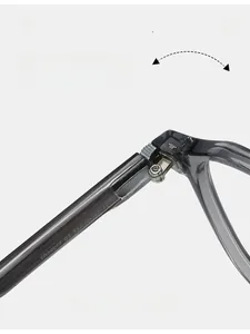 Detail shot of durable metal hinge on retro square frame glasses in transparent dark grey