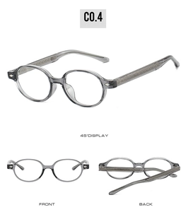 Three-angle view of vintage round grey transparent TR90 frames showing front and back