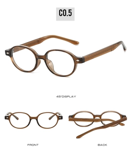 Three perspectives of tea-colored round TR90 glasses frames with metal diamond rivets