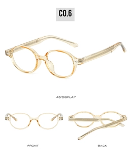 Retro round frame eyeglasses with textured temples in three professional view angles