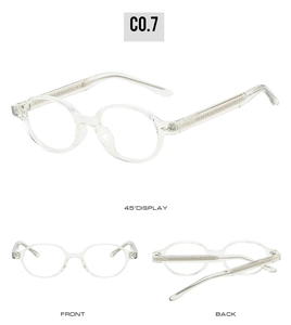 Detailed views of transparent round TR90 frames with decorative metal core temples