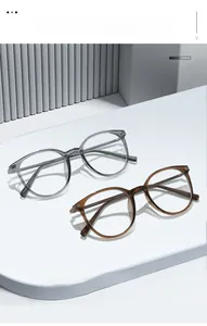Detail showing retro round glasses in transparent grey and amber tortoiseshell frames