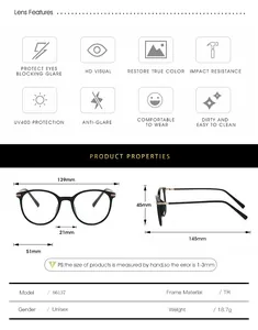 Detailed sizing chart and specifications for TR material unisex blue light glasses