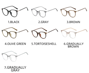 Matrix display of vintage round eyeglass frames in seven distinct colors with metal hinges