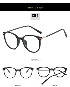 Detailed multi-angle views of black round glasses frames with gold metal temple accents