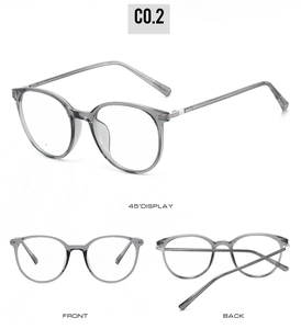 Detail of transparent gray round eyeglasses with tri-color metallic stripes on the temples