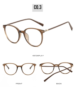 Front and side view of retro round translucent brown eyeglasses frames with metal temples