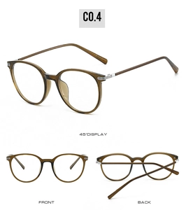 Three-way view of brown round vintage glasses showing front, back, and 45-degree angle