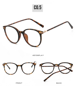 Three-angle view of round tortoiseshell glasses frames with elegant gold hinge accents