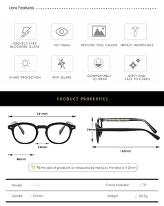 Detailed size specifications for TR90 round frame blue light blocking glasses