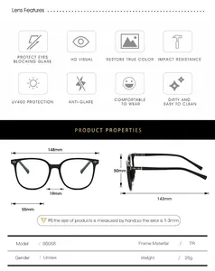 Detailed size chart for square glasses with TR frame measurements and lens features