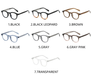 Flat lay of retro round TR90 glasses frames in seven colors with blue light blocking lenses