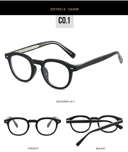 Three-angle view of black round TR90 glasses frames with metal rivet details