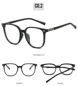 Detailed multi-angle view of black square eyeglasses with silver cross-motif hinges