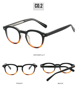 Detail view of retro round TR90 eyeglasses frame in black and amber gradient finish