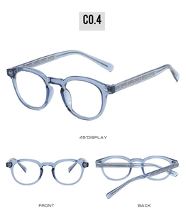 Detailed multi-angle view of transparent blue TR90 round glasses frames with textured temples