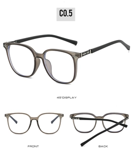 Detail view of large square gray eyeglass frames with silver cross accents and black temples