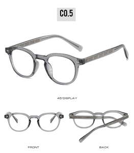 Three-way view of retro round glasses frames in translucent grey TR90 with metal core