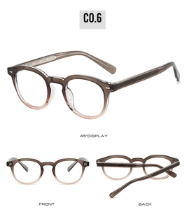 Detailed views of vintage round TR90 glasses frames in gradient grey with C0.6 color code