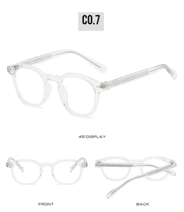 Detailed views of round transparent TR90 eyeglasses frame from multiple angles