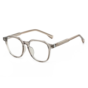 Retro grey oversized square frame glasses with anti-blue light lenses and metal rivets