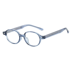 Retro round blue TR90 glasses frame with textured metal core temple details
