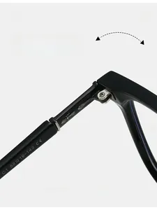 Macro shot of durable metal hinge with insect motif on black square glasses frame
