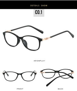 Detailed views of black oval eyeglass frames with gold hinges and sparkling rhinestone accents
