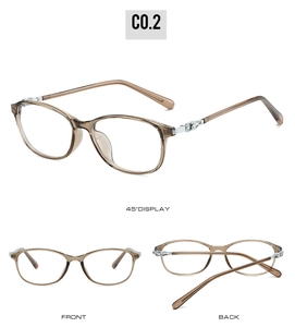 Three-view display of jelly brown cat-eye glasses frames with silver metal temple details