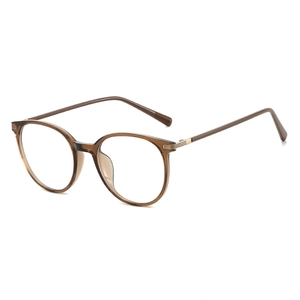 Brown transparent round eyeglasses frame with distinctive three-color stripe temple detail