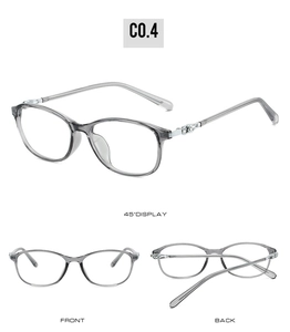 Three-way view of transparent grey oval glasses frames with metal hinges and ball detail