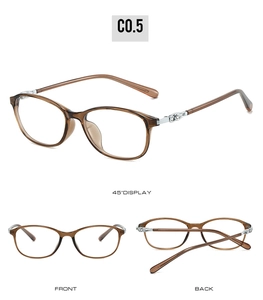 Three-view display of vintage tea-colored oval eyeglass frames with silver floral hinge detail