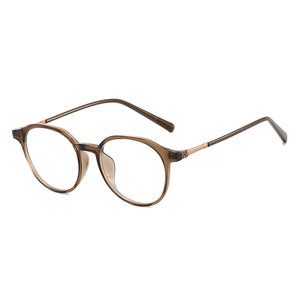 Occhiali rotondi classici in resina ambrata con stanghette in metallo oro rosa e filtro luce blu